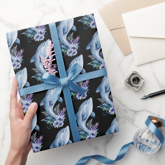 Dolphins and Flowers On Black Wrapping Paper (Gifting)