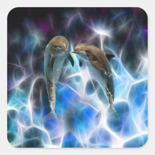 Dolphins and fractal crystals square sticker