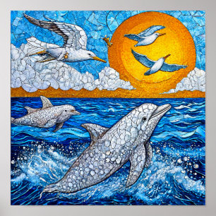 🐬 Dolphins And Seagulls Ocean Mosaic Coastal  Poster