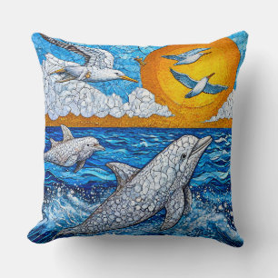Dolphins and seagulls throw pillow