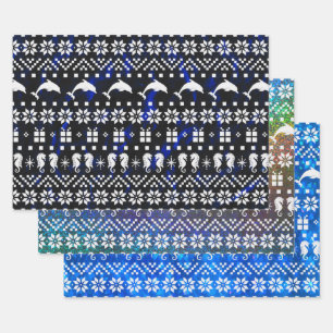 Dolphins and Seahorses Blue Christmas Patterned Wrapping Paper Sheet