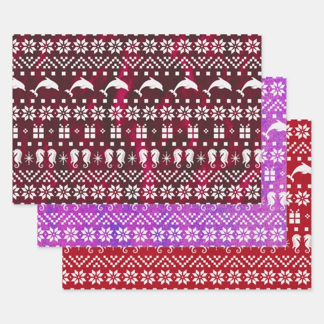 Dolphins and Seahorses Christmas Patterned  Wrapping Paper Sheet (Set)