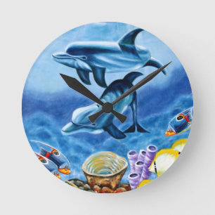 Dolphins and Tropical Fish Art Round Clock