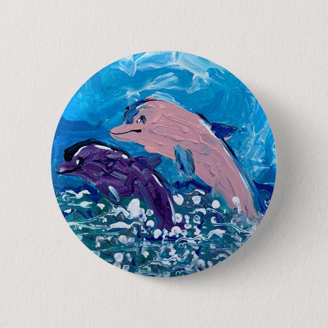 Dolphins "Art by Kids" 2 Inch Round Button (Front)