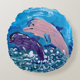 Dolphins "Art by Kids" Round Pillow