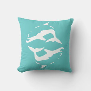 DOLPHINS blancs sur coussin bleu turquoise