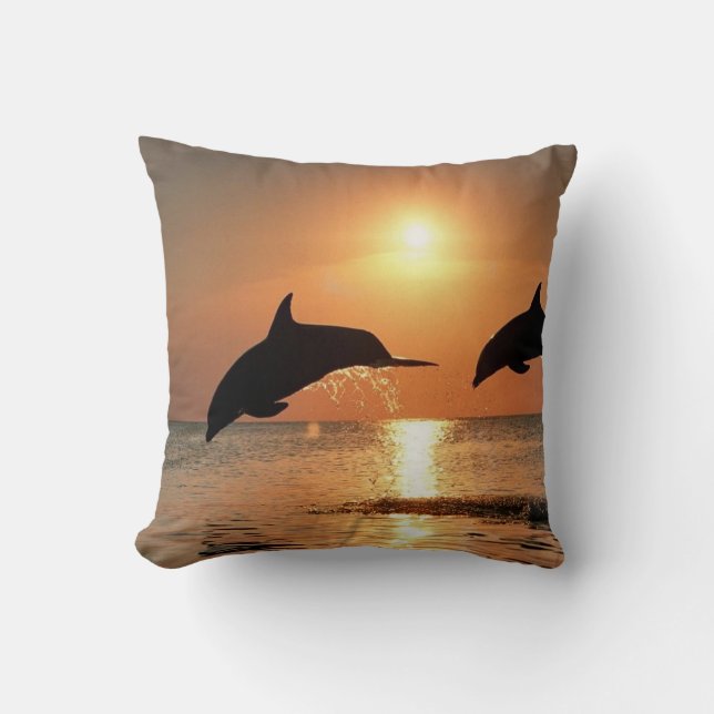 Dolphins by Sunset Throw Pillow (Front)