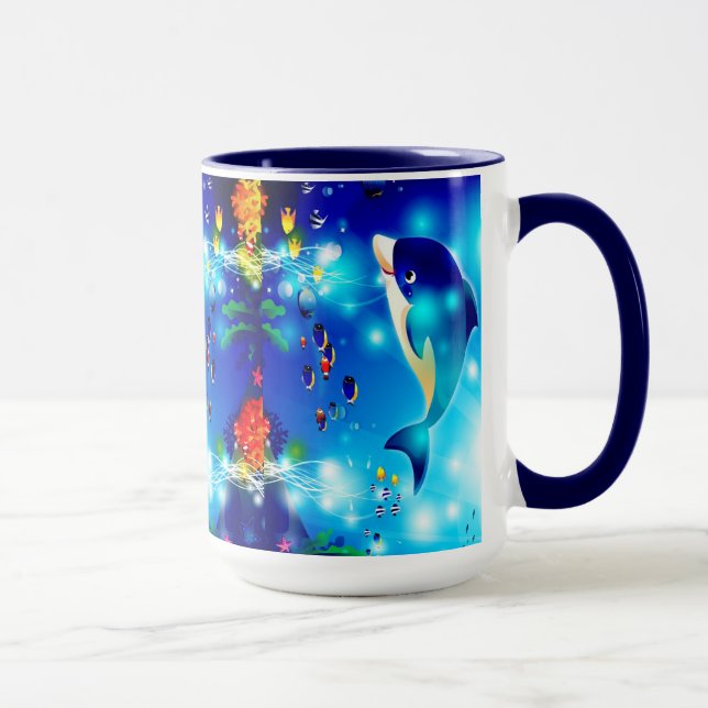 Dolphins & Colourful Sea-Life Digital Illustration Mug (Right)