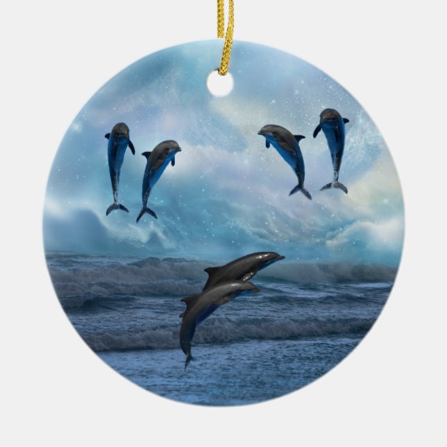 Dolphins fantasy christmas tree ceramic ornament (Front)