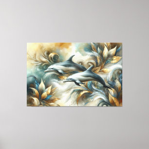 Dolphins Golden Botanical Dreamscape Canvas Print