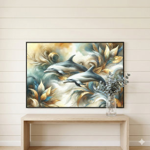 Dolphins Golden Botanical Dreamscape Canvas Print