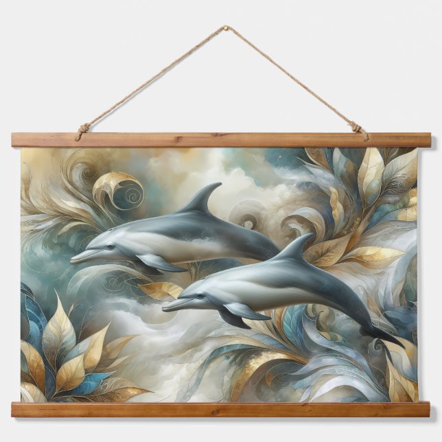 Dolphins Golden Botanical Dreamscape Hanging Tapestry (Front)