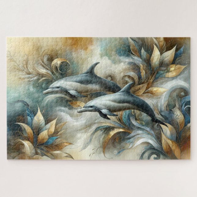 Dolphins Golden Botanical Dreamscape Jigsaw Puzzle (Horizontal)