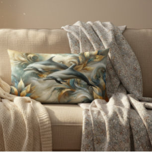 Dolphins Golden Botanical Dreamscape Lumbar Pillow