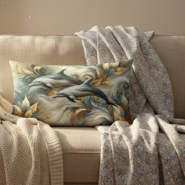 Dolphins Golden Botanical Dreamscape Lumbar Pillow (Creator Uploaded)