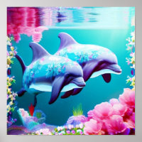 Dolphins In Ocean Life with Flowers     