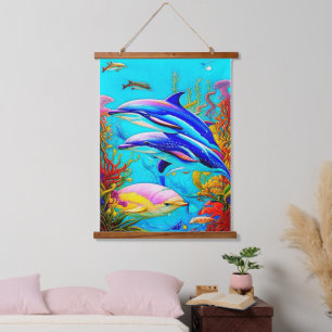 Dolphins in Ocean with Beautiful Coral Reef Design Hanging Tapestry