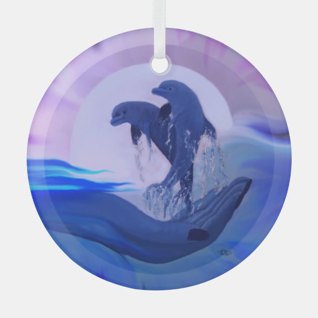 Dolphins in the Moonlight Glass Ornament (Front)