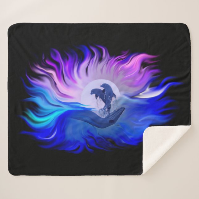 Dolphins in the Moonlight Sherpa Blanket (Front (Horizontal))