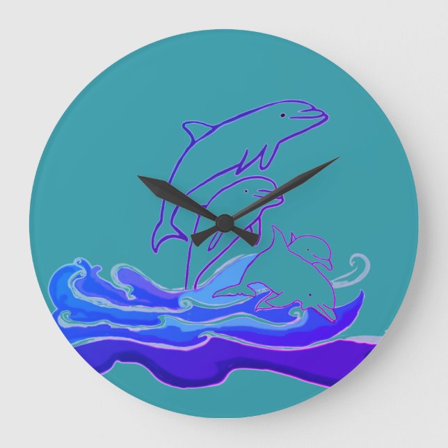 Dolphins jumping waves Round (Large) Wall Clock (Front)