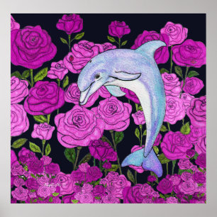 Dolphins Love Roses Poster