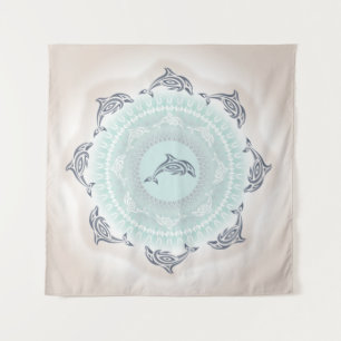 Dolphins Mandala Blue Taupe Coastal Tapestry