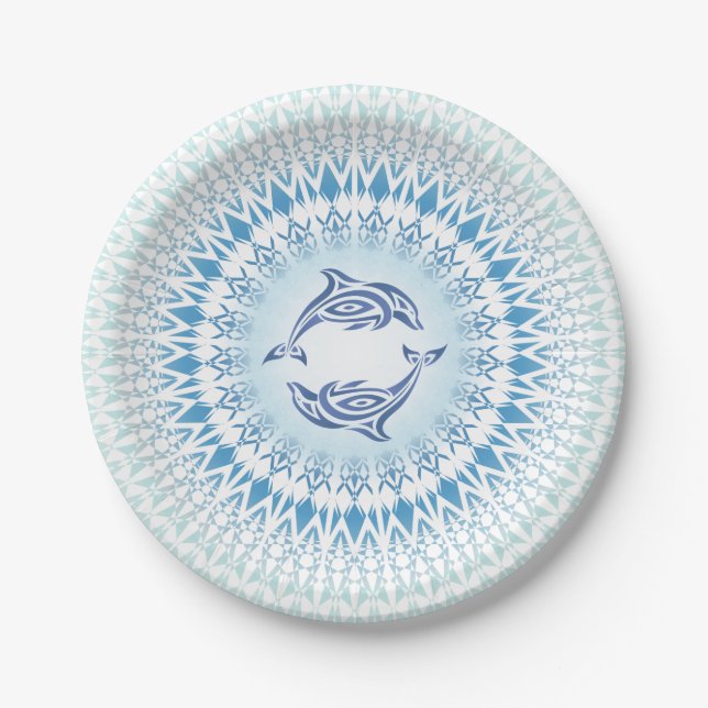 Dolphins Mandala Blue White Nautical Paper Plate (Front)