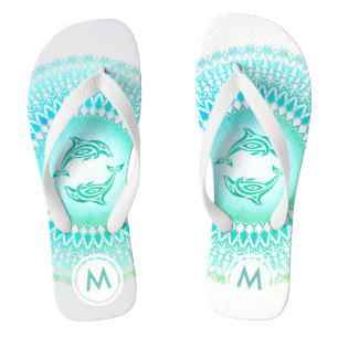 Dolphins Mandala Green White Monogram Flip Flops