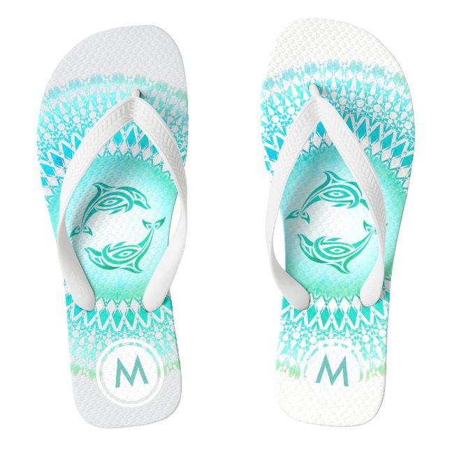 Dolphins Mandala Green White Monogram Flip Flops (Footbed)
