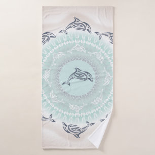 Dolphins Mandala Pale Blue Taupe Bath Towel