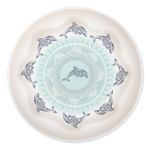 Dolphins Mandala Pale Blue Taupe Ceramic Knob