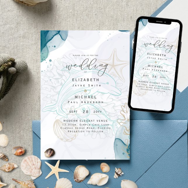 Dolphins Ocean Life Beach Teal Wedding Invitation (Creator Uploaded)