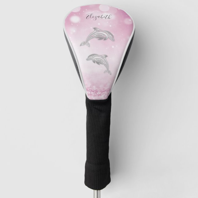 Dolphins Pink Glitter Girly Monogram Golf Head Cover (Front)