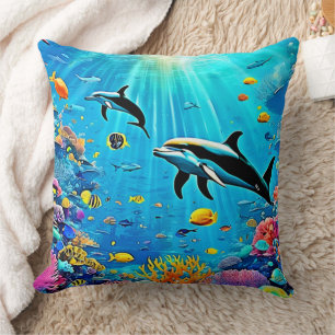 Dolphins & Reef: Underwater Joy Throw Pillow