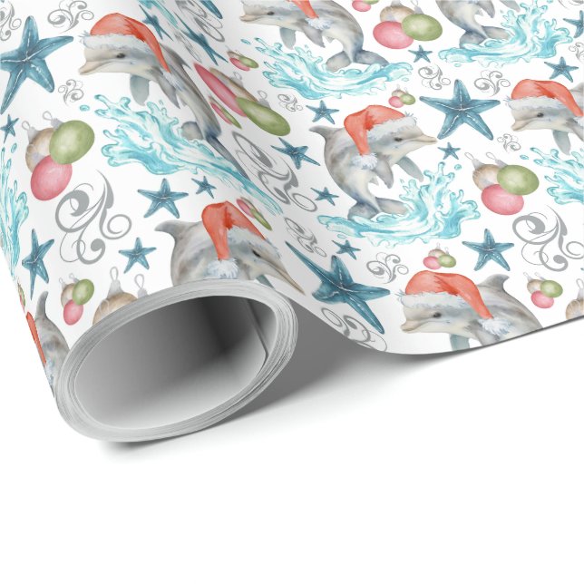 Dolphins Santa Hats Christmas Gift Wrapping Paper (Roll Corner)
