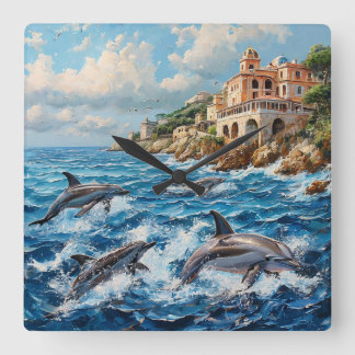 Dolphins Seascape Square Wall Clock