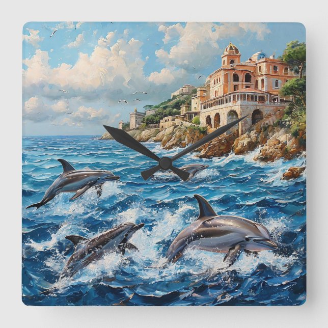 Dolphins Seascape Square Wall Clock (Front)