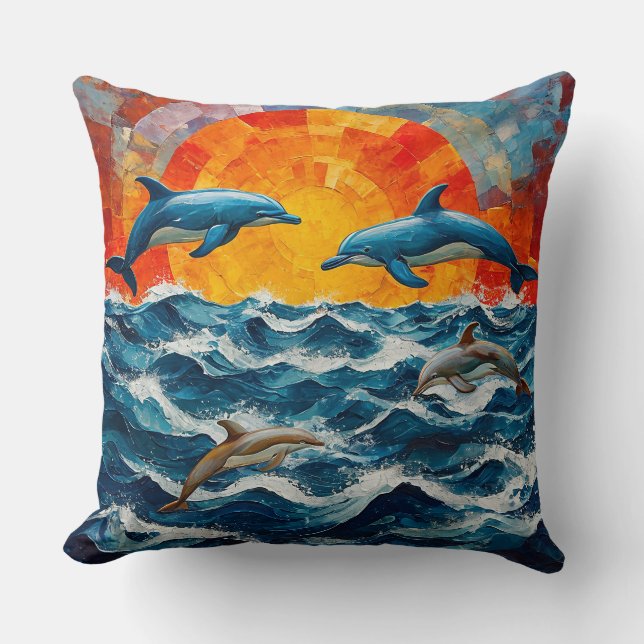Dolphins Seascape Throw Pillow (Front)
