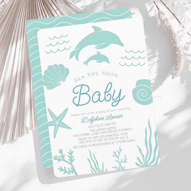 Dolphins & Seashell Sea You Soon Blue Baby Shower Invitation (Creator Uploaded)