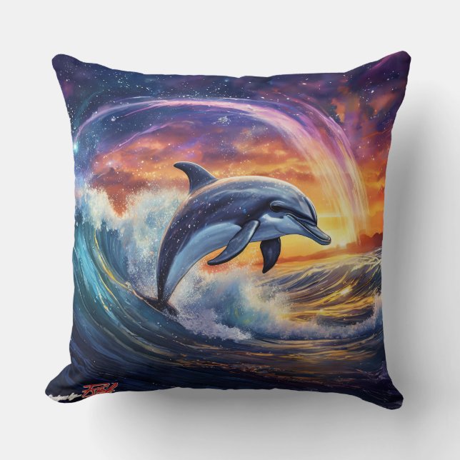 Dolphins Surfs Galaxy Throw Pillow (Front)