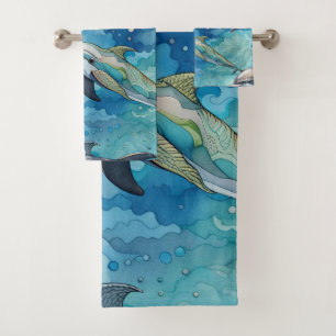 Dolphins swimming in the sea  bath towel set