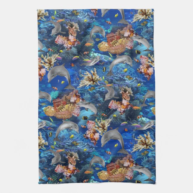 Dolphins Under the Ocean with Coral Reef Kitchen Towel (Vertical)