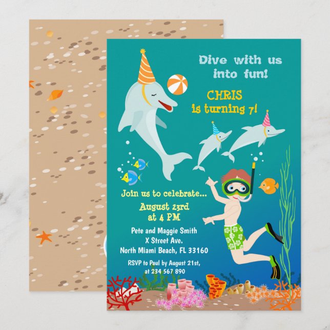 Dolphins under the sea boy birthday party  invitation (Front/Back)