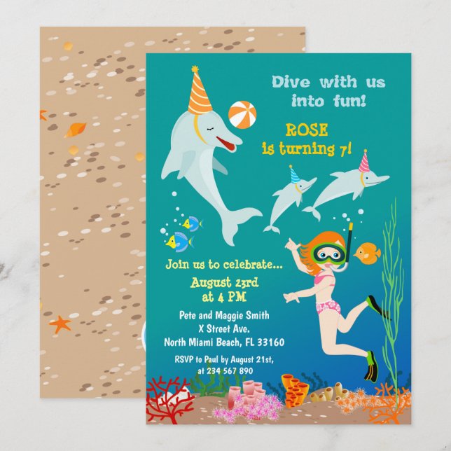Dolphins under the sea girl birthday party invitation (Front/Back)