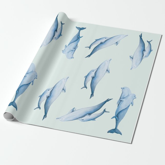 Dolphins watercolor pattern wrapping paper (Unrolled)