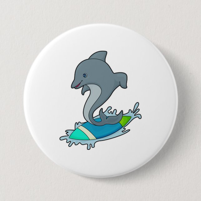 Dolpin as Surfer with Surfboard 3 Inch Round Button (Front)