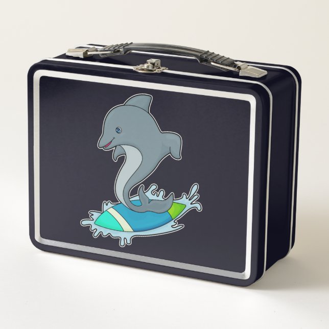 Dolpin as Surfer with Surfboard Metal Lunch Box (Front)