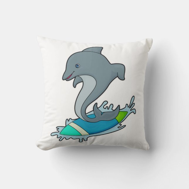 Dolpin as Surfer with Surfboard Throw Pillow (Front)