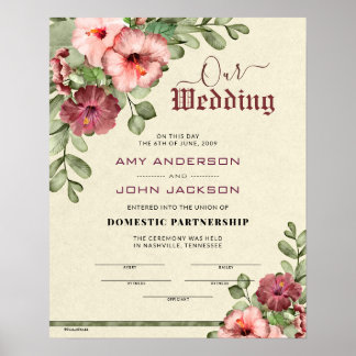 "Domestic Partnership" floral Wedding Certificate Poster