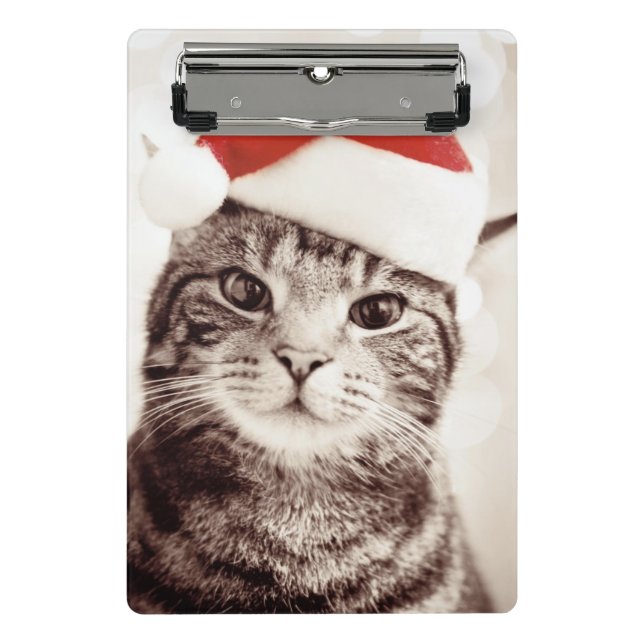 Domestic tabby cat wearing red Christmas hat Mini Clipboard (Front)